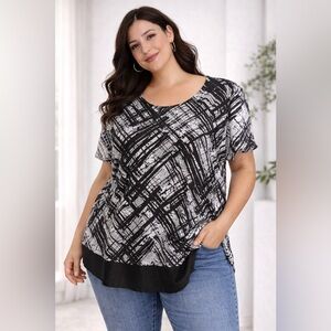 Alfred Dunner Black White Abstract Print Layered Blouse Petite XL Flowy